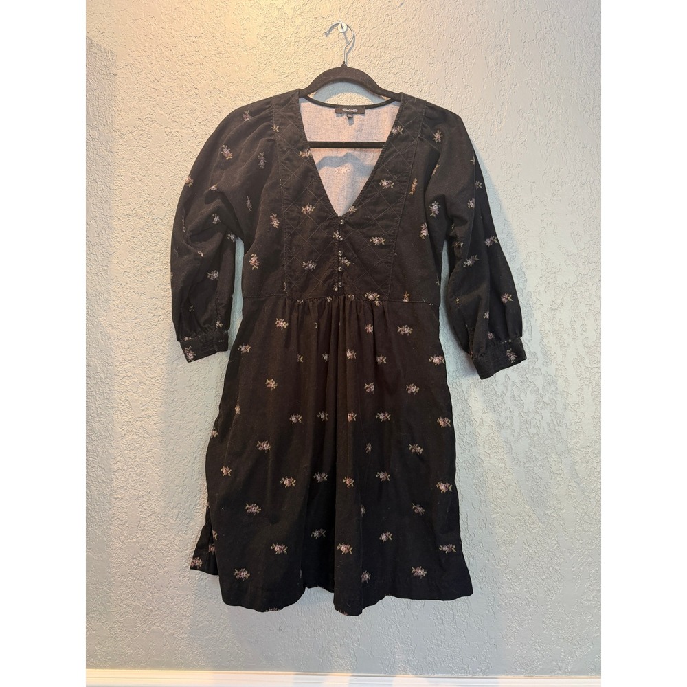 Madewell Floral Corduroy Mini‎ Dress Black V-Neck Quilted Bodice XXS